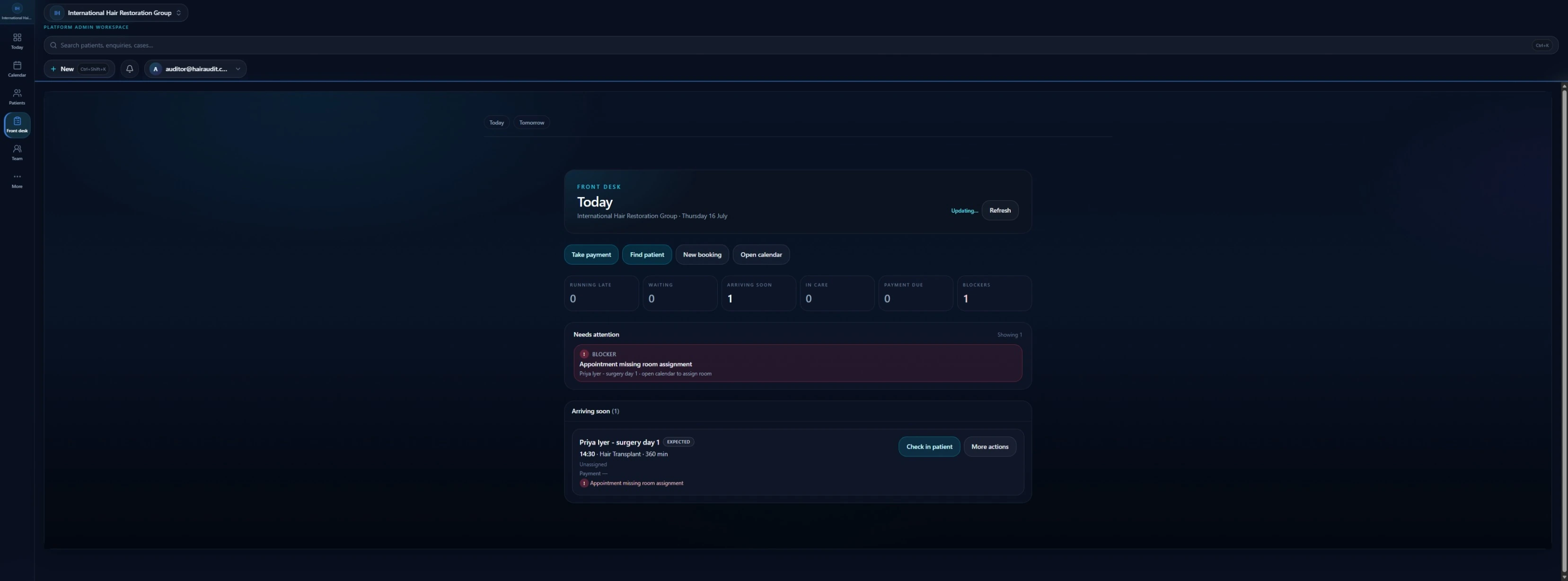 FI OS Front Desk workspace showing arrivals, blockers and patient actions