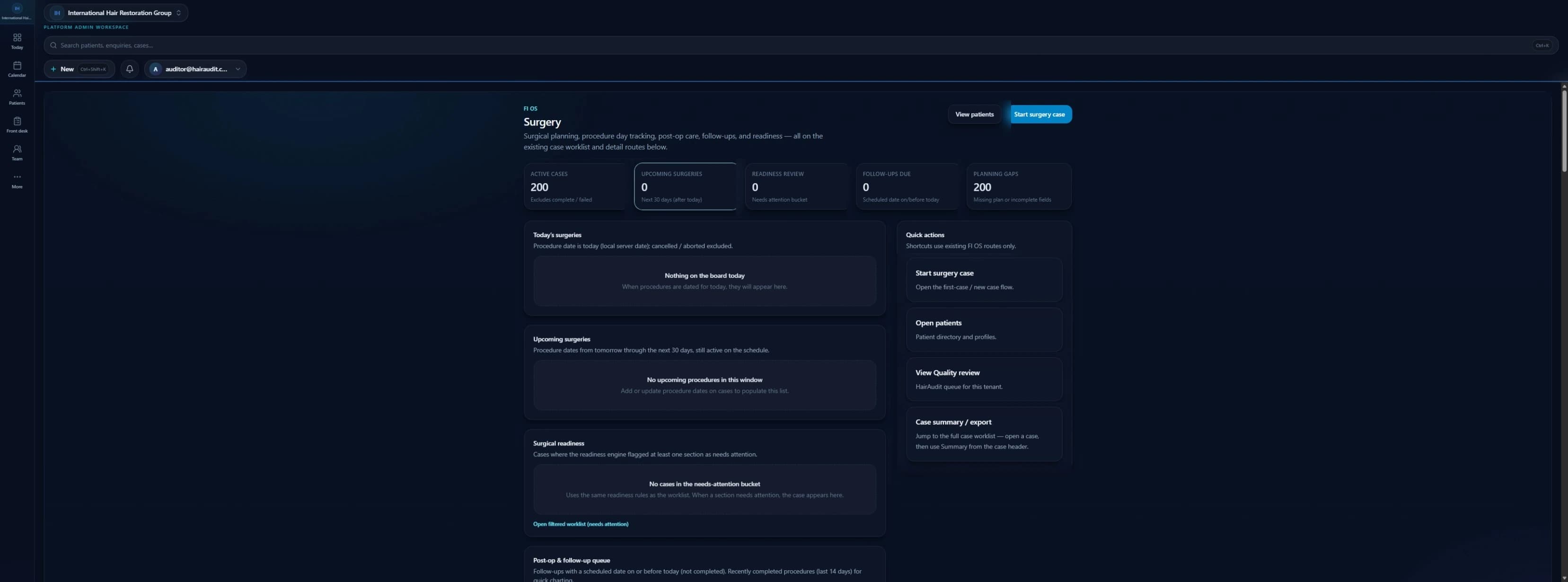 SurgeryOS workspace showing surgical readiness and procedure workflow