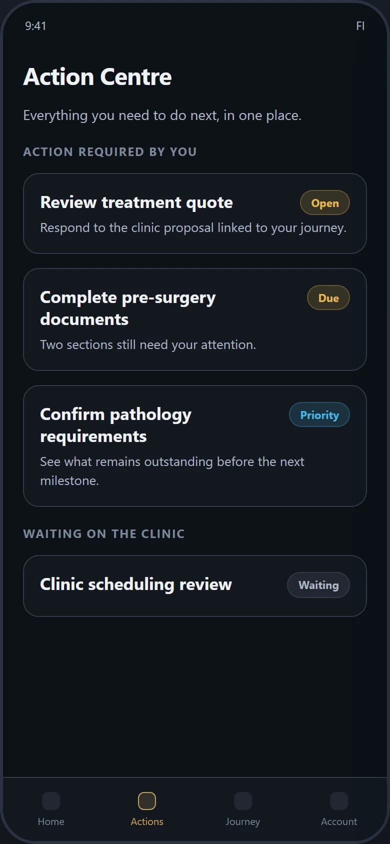 FI Patient App Action Centre showing outstanding journey tasks