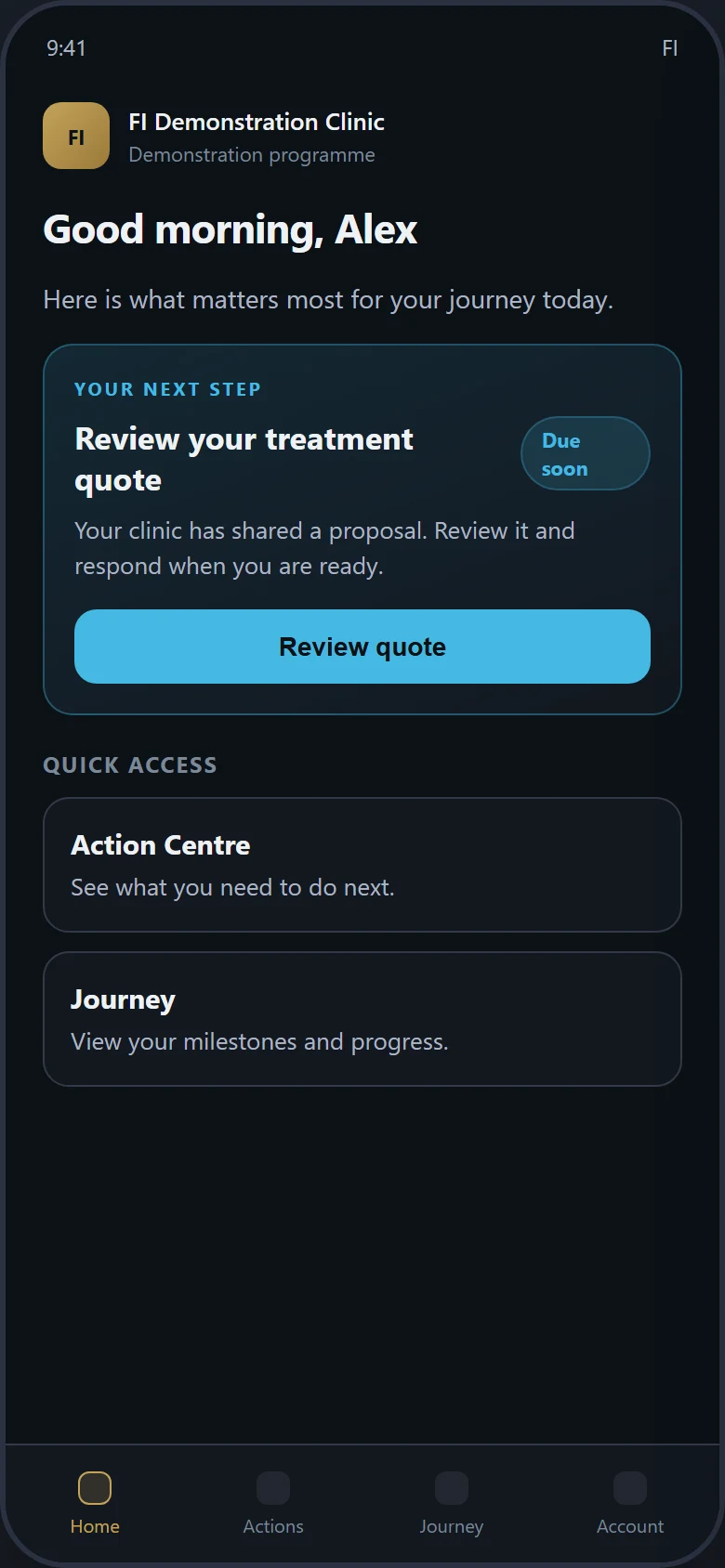 FI Patient App home screen showing the patient’s next required action