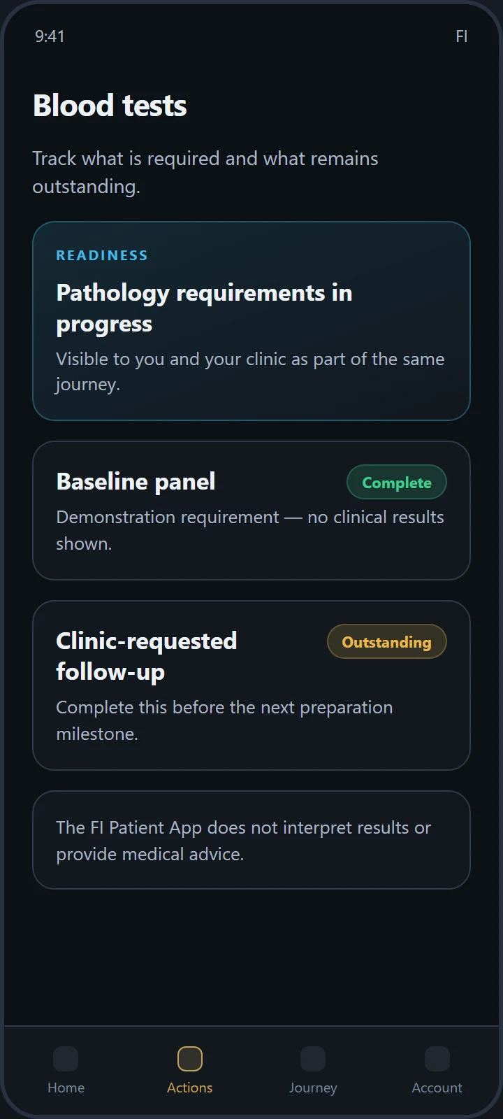 FI Patient App pathology requirements screen