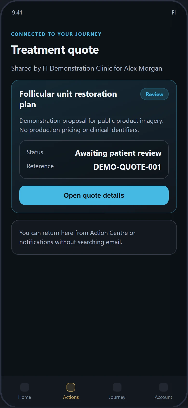 FI Patient App quote screen connected to the patient journey